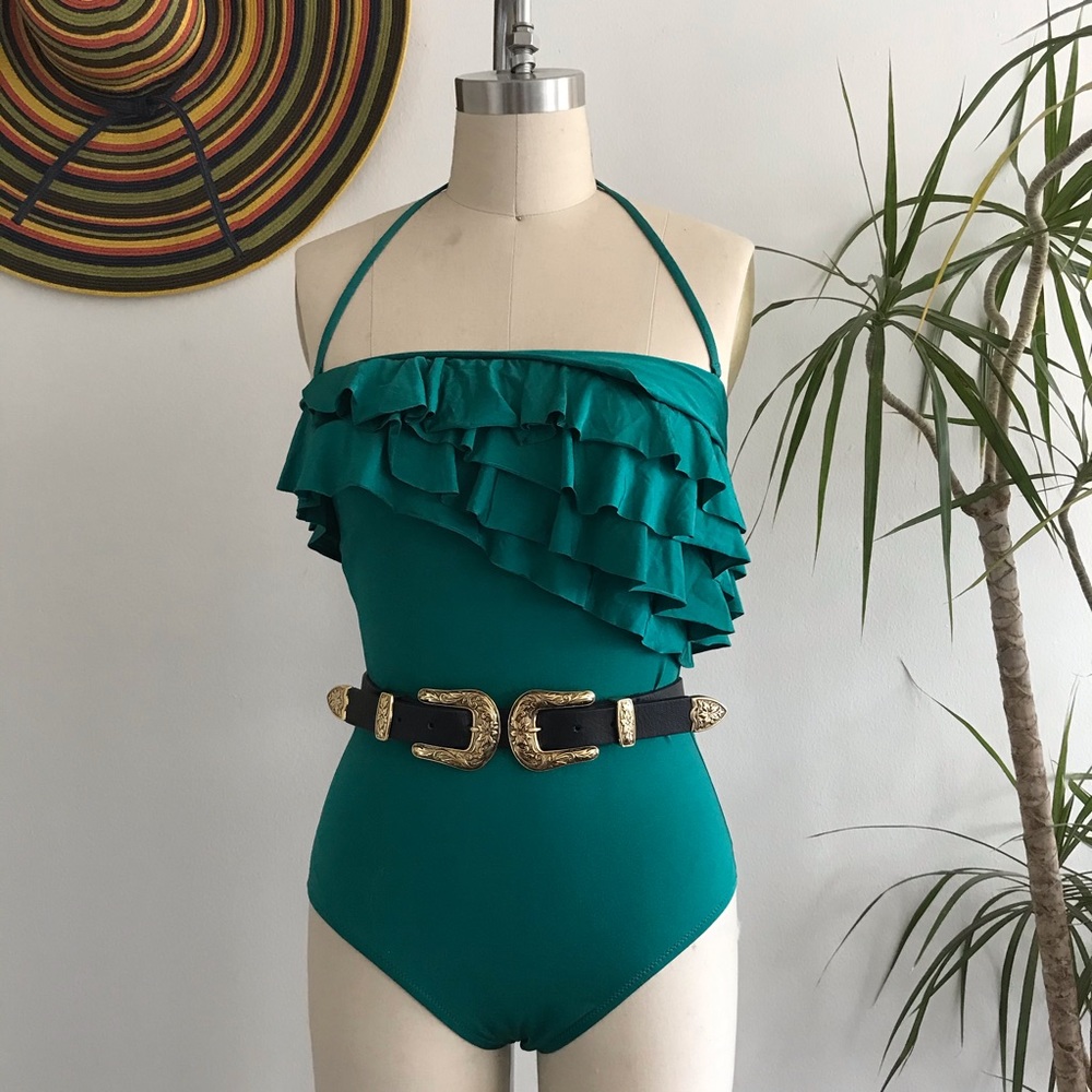 EUC J CREW Green one piece swimsuit ruffles M